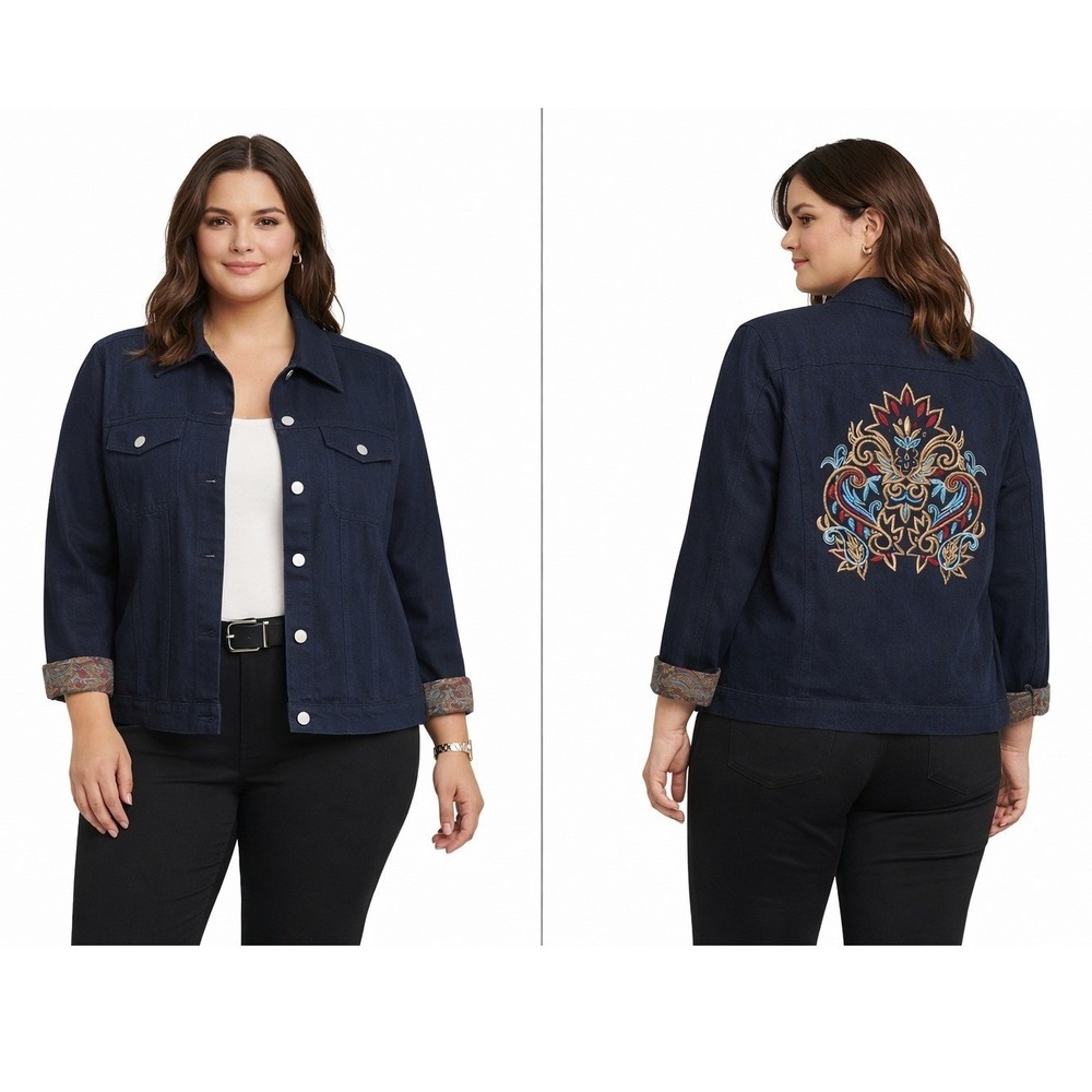Dolce Apparel‎ Womens Denim Jacket Beaded Embroidered Back Paisley Boho Size M